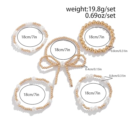 COLORFUL BLING Bow Bowknot Faux Pearl Beaded Ball Stretch Bracelet for Women Friend Jewelry Gift Adjustable Stackable Bracelet - color: A bow gold
