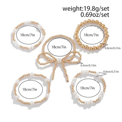 COLORFUL BLING Bow Bowknot Faux Pearl Beaded Ball Stretch Bracelet for Women Friend Jewelry Gift Adjustable Stackable Bracelet - color: A bow gold