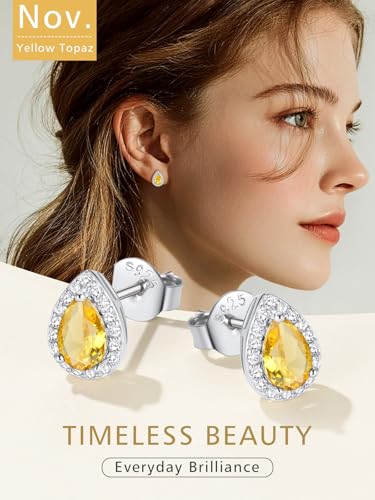 FindChic Birthstone Earrings for Women, Round/Heart/Square/Teardrop Earrings with 925 Sterling Silver Posts & Push Backs, Hypoallergenic Studs with Cubic Zirconia, 12 Months Jewelry with Gift Box - style: 11. November-Yellow Topaz (Teardrop)