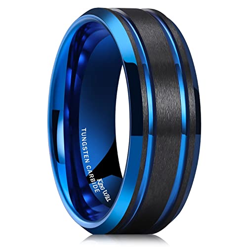 King Will Mens Tungsten Carbide Wedding Band with Groove Design | 6/7/8mm Width, Grooved, Comfort Fit, Everyday Wear - color: Black&Blue-8mm