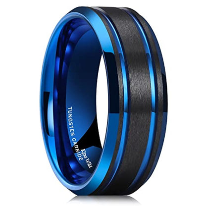 King Will Mens Tungsten Carbide Wedding Band with Groove Design | 6/7/8mm Width, Grooved, Comfort Fit, Everyday Wear - color: Black&Blue-8mm