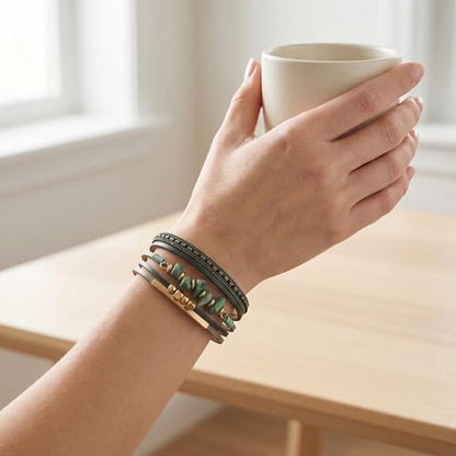 Wrap Bracelets for Women PU Leather Multi-Layer Boho Bracelet with Clasp Handmade Irregular Beads Cuff Bangle Stackable Jewelry Gift - color: Brown