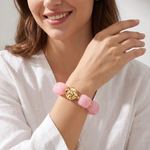 Chunky Beaded Bracelet for Women-Boho Bold Acrylic Resin Stretch Bracelets Trendy Summer Beach Elastic Bangle Vacation Jewelry Accessories - color: Style 2-Pink