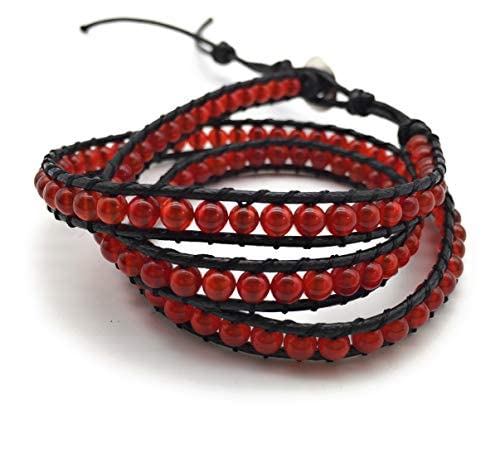 Handmade Alloy Leather Natural Stone Bead Statement Bracelet Bangle Cuff Rope 3 Wrap Adjustable Jewelry Collection - color: Red Carnelian