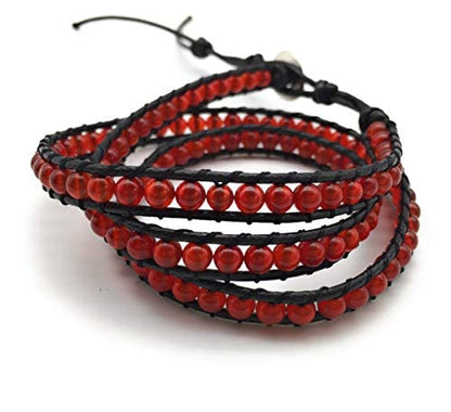 Handmade Alloy Leather Natural Stone Bead Statement Bracelet Bangle Cuff Rope 3 Wrap Adjustable Jewelry Collection - color: Red Carnelian
