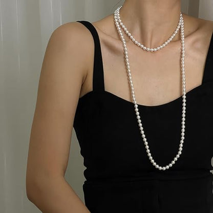 Zeffy Pearl Necklace 4MM/6MM/8MM Dainty Round Imitation Pearl Choker Necklace Wedding Pearl Necklace Delicate Jewelry for Women Simple Bridesmaid Jewelry Gifts - style: 8mm Long Pearl Necklaces(60")