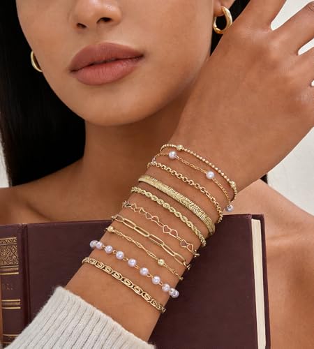 10 Pcs Gold Bracelets for Women, 14K Gold Plated Stackable Cuban Link Paperclip Chain Bracelet Set, Dainty Gold Bracelets Stack Jewelry - color: Gold-pearl