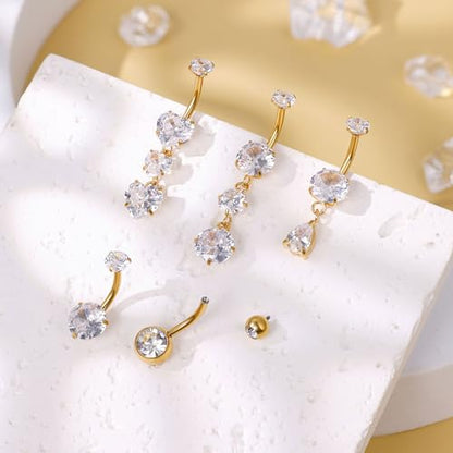 14G G23 Titanium Dangle Belly Button Rings for Women Gold Internally Threaded Belly Rings Dangling Teardrop Heart CZ Belly Button Piercing Hypoallergenic Navel Piercing Jewelry
