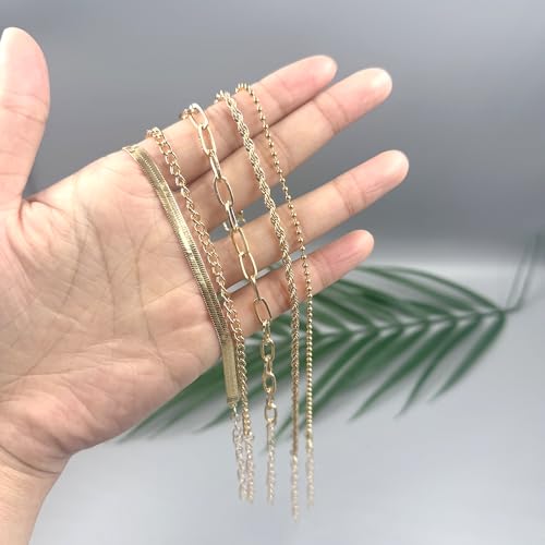 Adjustable Waterproof Layered Bracelets for Women Summer Beach Cuban Link Chain Anklets Set Herringbone Paperclip Beaded Snake Chain Stackable Anklet Stainless Steel Jewelry Bracelet - color: 5PCS-Gold