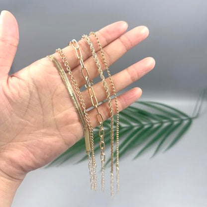 Adjustable Waterproof Layered Bracelets for Women Summer Beach Cuban Link Chain Anklets Set Herringbone Paperclip Beaded Snake Chain Stackable Anklet Stainless Steel Jewelry Bracelet - color: 5PCS-Gold
