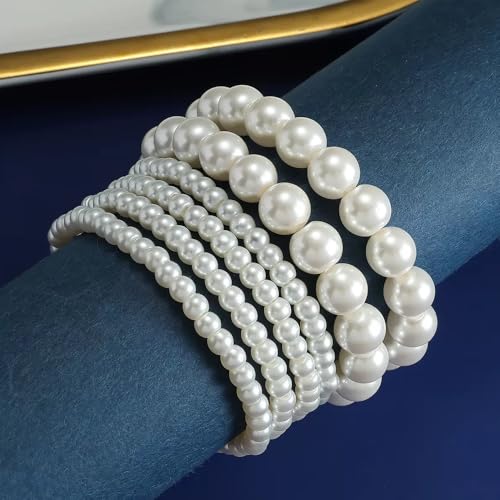 Boho Pearl Beaded Bracelets for Women Wedding White Pearl Bracelet Stack | Dainty,stackable,stretch,everyday,jewelry,set,bohemian,layered,bead,elastic,accessories,vintage,aesthetic,birthday,prom,gifts