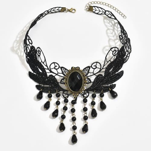 Goth Black Choker Necklace Crystal Bead Pendant Necklace for Women Gothic Velvet Lace Choker Halloween Vampire Witch Cosplay - color: G-Black
