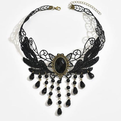 Goth Black Choker Necklace Crystal Bead Pendant Necklace for Women Gothic Velvet Lace Choker Halloween Vampire Witch Cosplay - color: G-Black
