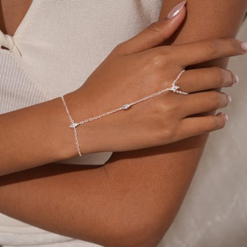 Bracelets for Women, Dainty Gold Silver Ring Bracelet Hand Chain | Cubic Zirconia Pearl Charms, 14K Gold Plated, Adjustable Fit, Trendy Stackable Link Chain, Waterproof Jewelry, Gift for Her - color: Silver-marquise hand chain