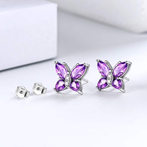 Butterfly Birthstone Stud Earrings - Women 925 Sterling Silver Butterflies Birthstone Stud Earrings Birthday Gift for Women - color: B.February