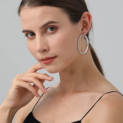 925 Sterling Silver Earrings Large Rhinestone Hoop Earrings Big Cubic Zirconia Hoop Earrings Thin Rhinestones Round Hoop Earrings for Women 20/30/40/50/60/70mm Sparkly Hoops With Crystals for Womens - color: black,50mm