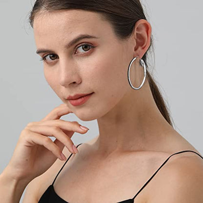 925 Sterling Silver Earrings Large Rhinestone Hoop Earrings Big Cubic Zirconia Hoop Earrings Thin Rhinestones Round Hoop Earrings for Women 20/30/40/50/60/70mm Sparkly Hoops With Crystals for Womens - color: black,50mm