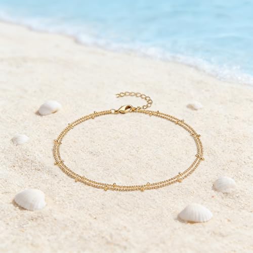 Women's Double Layer Bead Anklet Dainty Gold Satellite Chain Ankle Bracelet Minimalist Foot Jewelry for Beach, Pool & Vacation (Gold)