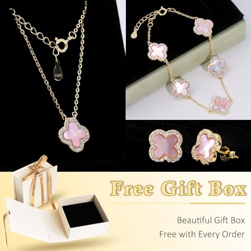 925 Sterling Silver Four Leaf Clover Bracelet – Real Silver Lucky Clover Jewelry for Women, Dainty Good Luck Gift for Her - color: Gold-Plated Pink MOP