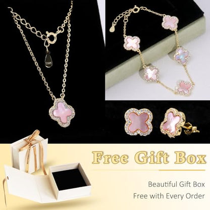 925 Sterling Silver Four Leaf Clover Bracelet – Real Silver Lucky Clover Jewelry for Women, Dainty Good Luck Gift for Her - color: Gold-Plated Pink MOP
