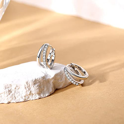 Me&Hz Gold Huggie Earrings Small Huggie Hoop Earrings for Women 14K Gold Plated Hypoallergenic Cubic Zirconia Huggies Mini Silver Hoop Earring for Women - color: Double Hoops,Silver