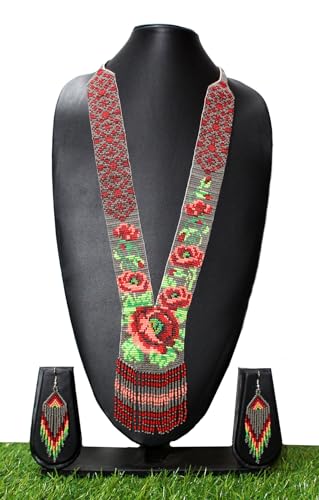 Long Beaded Necklace – Boho Native Handmade Seed Bead Tassel Necklace, Bohemian Large Statement Beaded Necklace for Women - color: Red Grey-Mix