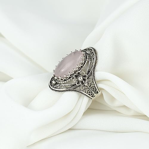 Filigranist 925 Sterling Silver Handcrafted Filigree Art Flower Pattern Woman Oval Statement Ring, Gift Boxed - color: Rose Quartz
