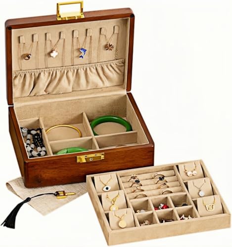 2 Layer Anti Tarnish Solid Wood Jewelry Organizer Box with Lock | Anti tarnish velvet storage for rings earrings necklaces watches wooden jewelry box for women men large locking vintage gift - color: Khaiki velvet(Necklace Holder), size: Standard 2-Tier(9