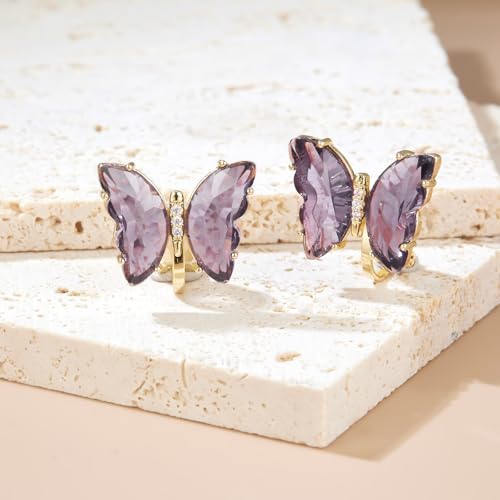 YOQUCOL Butterfly Shape Crystal Clip On Earrings Non Pierced Golden Stud for Women - color: Dark Purple