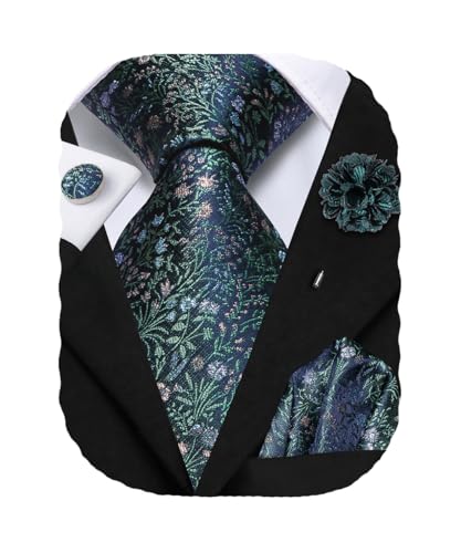 Hi-Tie Men's Silk Ties Formal Woven Classic Necktie Pocket Square Cufflinks Lapel Pin Set Wedding Business - color: A Navy Blue