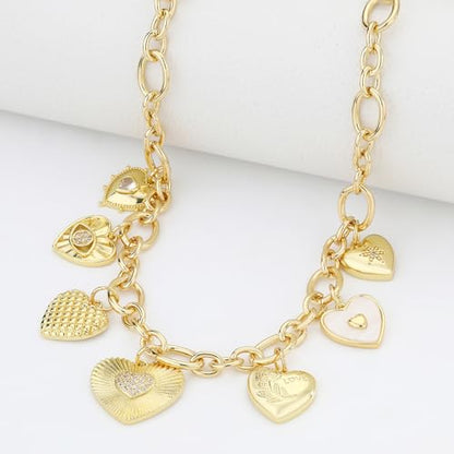 Charm Necklace for Women Gold Evil Eye Sun Moon Flower Coin Pendant Necklace Dainty Paperclip Chain Vintage Luck Amulet Choker Necklaces Celestial Jewelry Gift - style: 7 Charms- Heart,Evil Eyes