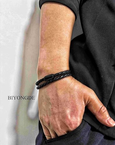 Braided Leather Bracelet，Double Wrap Bracelet with Black Stainless Steel Clasp, Two- way of Wearing as Mens Bracelet or Womens Choker Necklace, Urban and Minimalist Style - color: Black