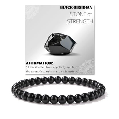 Crystal Beaded Bracelets for Women 4mm Clear Quartz Bead Handmade Gemstone Stretch Elastic Bracelet Natural Stone Crystal Healing Reiki Spiritual Jewelry Gifts - color: Black Obsidian, size: 6mm