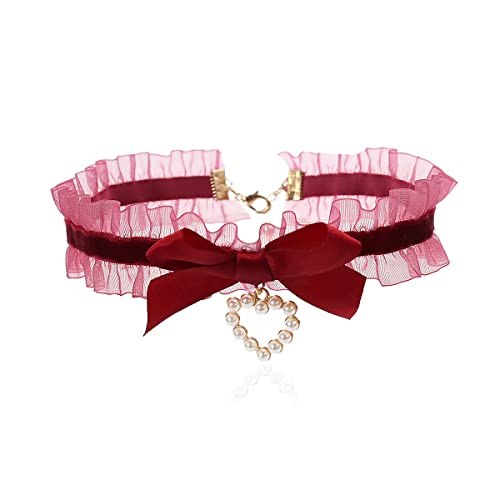 Bethynas Sexy Lace Bowknot Choker Collar Lolita Velvet Heart Pendant Tie Neck Chain Gothic Cosplay Neck Accessories for Women - color: Red