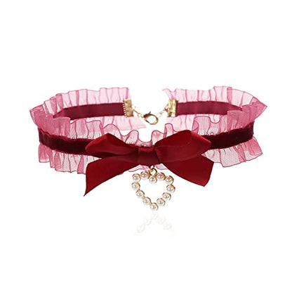 Bethynas Sexy Lace Bowknot Choker Collar Lolita Velvet Heart Pendant Tie Neck Chain Gothic Cosplay Neck Accessories for Women - color: Red