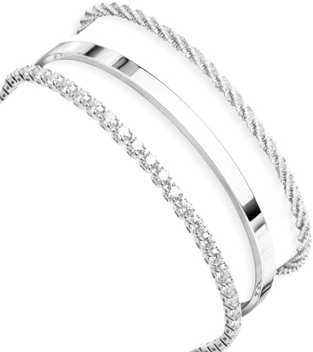 925 Sterling Silver Bracelets for Women Stack, Trendy Tennis Bangle Cuff Jewelry Set 14K Gold Plated, Adjustable Bracelet Set for Wrist Essentials, Women Fashion Watch Band Acecessories - style: Bracelet_3pcs(Dainty Tennis Set-Silver)