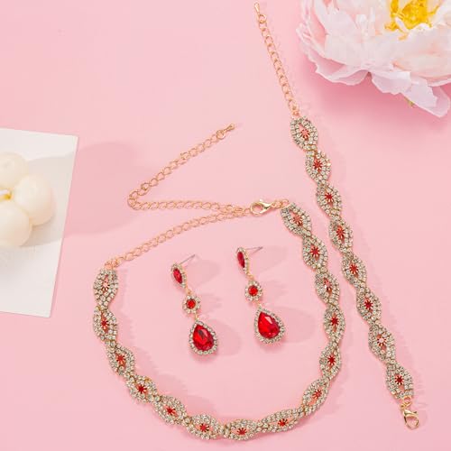 Women Rhinestone Crystal Jewelry Set Crystal Tennis Design Rhinestone Choker Necklace Link Bracelet Teardrop Earrings Set Wedding Bridal Bridesmaids Party - color: Red