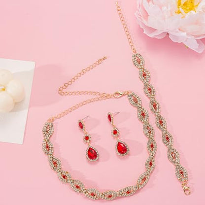 Women Rhinestone Crystal Jewelry Set Crystal Tennis Design Rhinestone Choker Necklace Link Bracelet Teardrop Earrings Set Wedding Bridal Bridesmaids Party - color: Red