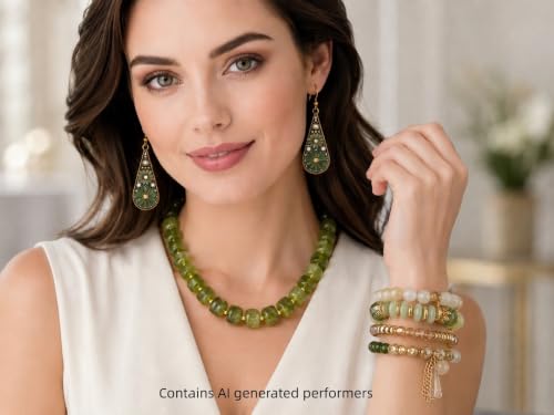 3Pcs Boho Jewelry Set for Women Necklace Earrings Bracelet | Acrylic Beaded Necklace | Floral Enamel Earrings | Layered Bracelet | Coordinated Trio | Green Boho Style | Gift for Women