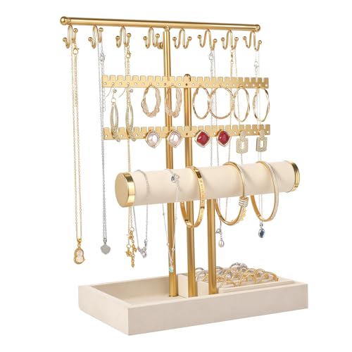 3 Tier Jewelry Organizer Stand with Ring Tray - Adjustable Tall 17.7" (Max), Jewelry Holder for Necklace, Bracelet, Earring, Ring Storage, Jewelry Display Storage Stand for Women