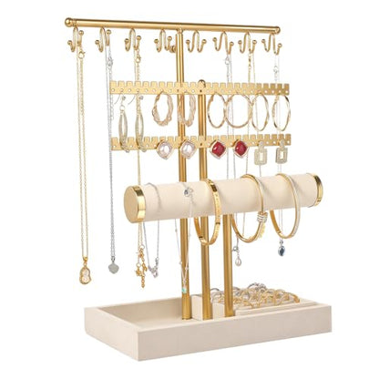 3 Tier Jewelry Organizer Stand with Ring Tray - Adjustable Tall 17.7" (Max), Jewelry Holder for Necklace, Bracelet, Earring, Ring Storage, Jewelry Display Storage Stand for Women
