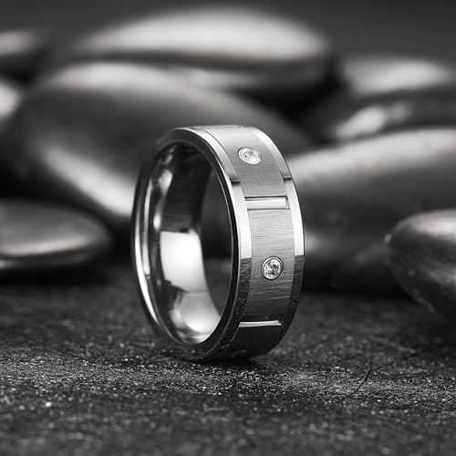 King Will Mens Tungsten Wedding Band with Cubic Zircon Inlay 7mm/8mm Flat Cut Comfort Fit Engagement Rings - color: B-Gunmetal&Silver Inlay-8mm