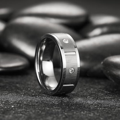King Will Mens Tungsten Wedding Band with Cubic Zircon Inlay 7mm/8mm Flat Cut Comfort Fit Engagement Rings - color: B-Gunmetal&Silver Inlay-8mm