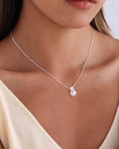 Pearl Necklaces for Women Trendy 14k Gold Plated Cubic Zirconia Pearl Pendant Necklace Valentines Day Wedding Birthday Mother's Day Gifts Dainty Gold Necklace for Women - color: Style 4 - Silver Necklace