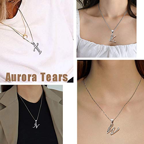 Aurora Tears Letter Necklace Initial 925 Sterling Silver Alphabet Pendant Crystal Name Gift Women Cubic Zirconia Jewelry - color: L