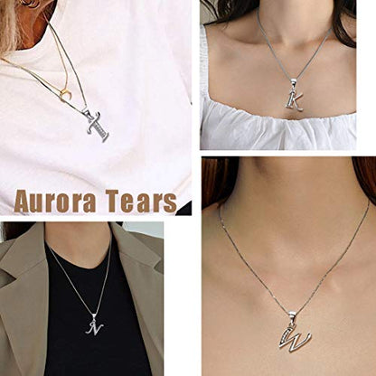 Aurora Tears Letter Necklace Initial 925 Sterling Silver Alphabet Pendant Crystal Name Gift Women Cubic Zirconia Jewelry - color: L