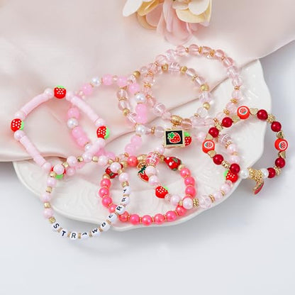 Summer Surfer Heishi Bracelet Set for Women Stackable Gold Plated Clay Ploymer Bead Stretch Pink Beach Layering Bracelets Jewelry - color: A-Strawberry bracelet