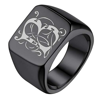 GoldChic Jewelry Personalized Signet Rings Men Women, Stainless Steel Custom Photo Bold Square/Oval Monogram/Old English Initial Pinky Stacking Statement Ring in Black/Silver/Gold (Size 7-14) - color: Black-Initial -Square