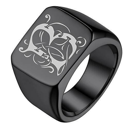 GoldChic Jewelry Personalized Signet Rings Men Women, Stainless Steel Custom Photo Bold Square/Oval Monogram/Old English Initial Pinky Stacking Statement Ring in Black/Silver/Gold (Size 7-14) - color: Black-Initial -Square