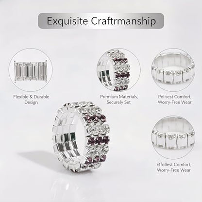 Sparkling Rhinestone Ring Set Trendy Elastic Rhinestone Crystal Stretch Ring Stackable Jewelry for Women Girls - color: 3 Rows Ring-Silver+White+Purple